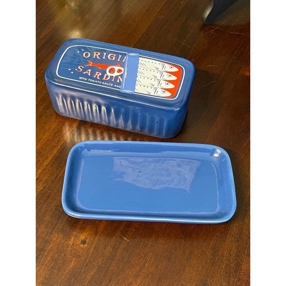 Ceramic Sardine Tin Butter Dish Blue Novelty Whimsical Kitchen Storage